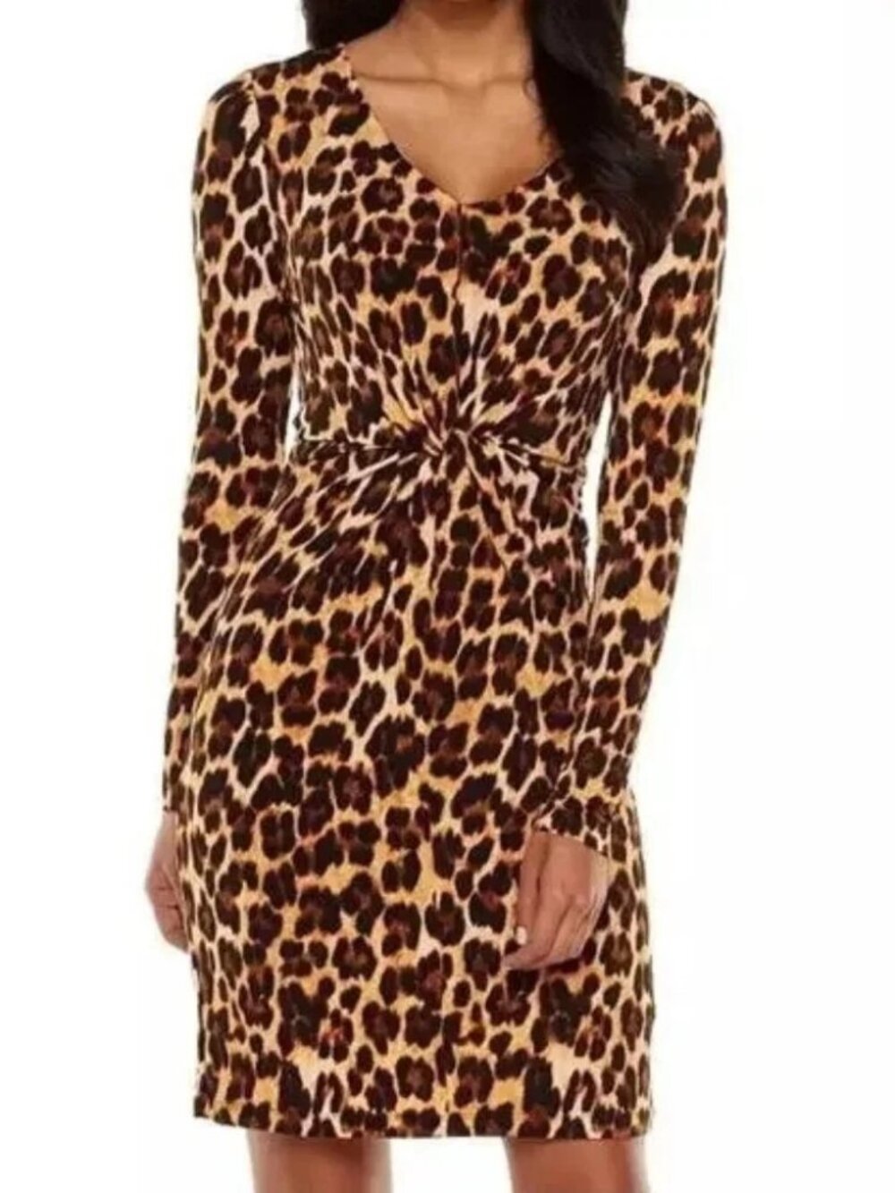 Jennifer Lopez V-Neck Long Sleeve Lined Leopard Print Twist Knot Mini Dress-XL